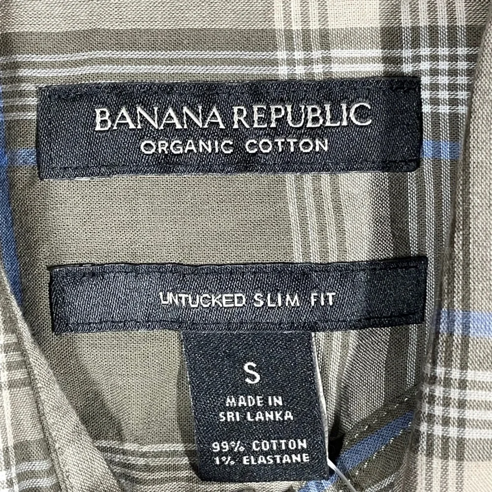 Banana Republic Mens Untucked Slim Fit Plaid Shirt Organic Cotton Olive S NEW
